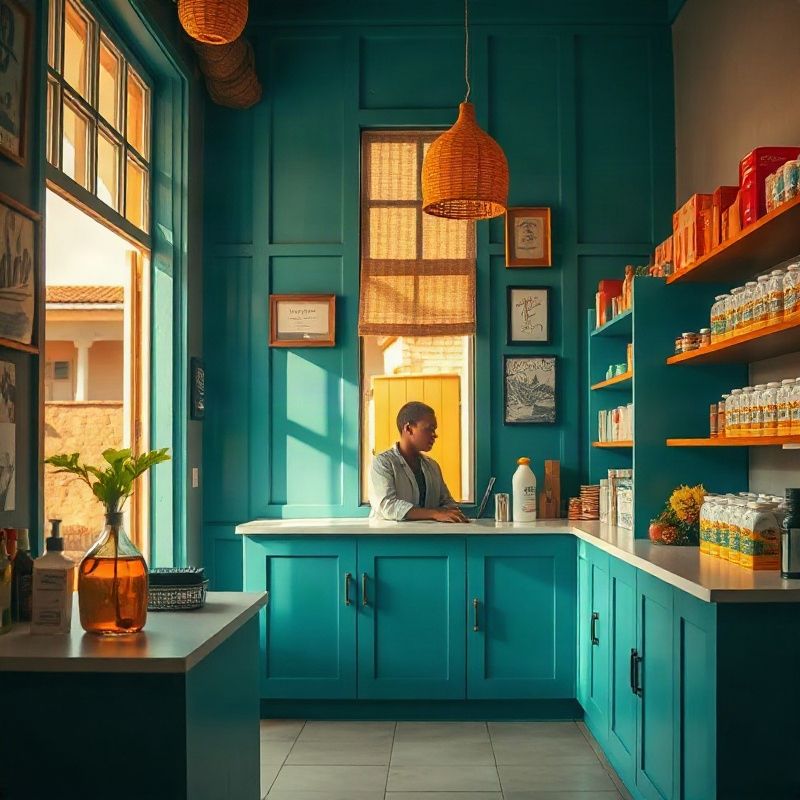 A teal-modern service counter at Terrajpulse with a customer browsing shelves