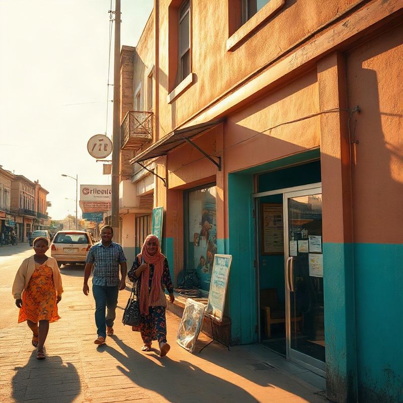A teal-painted Terrajpulse shopfront on a sunlit Kakamega town centre street