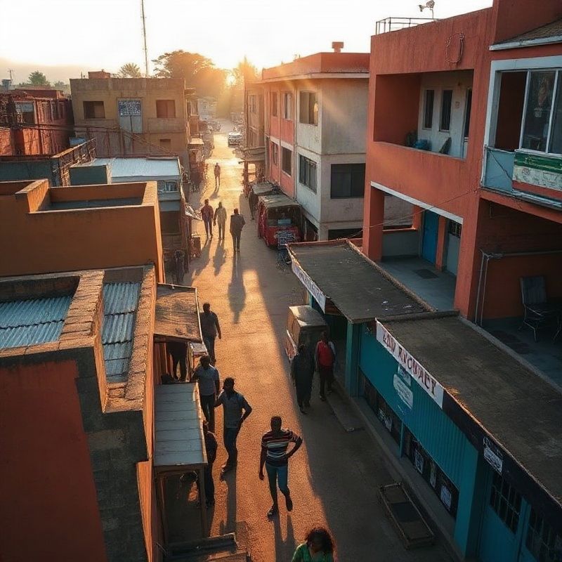 Aerial view of Kakamega town centre streets in warm equatorial midday light