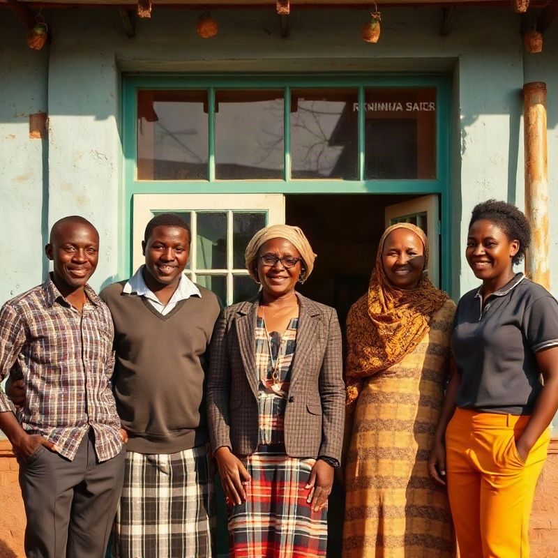 The six-person Terrajpulse team standing outside their teal-painted Kakamega shopfront